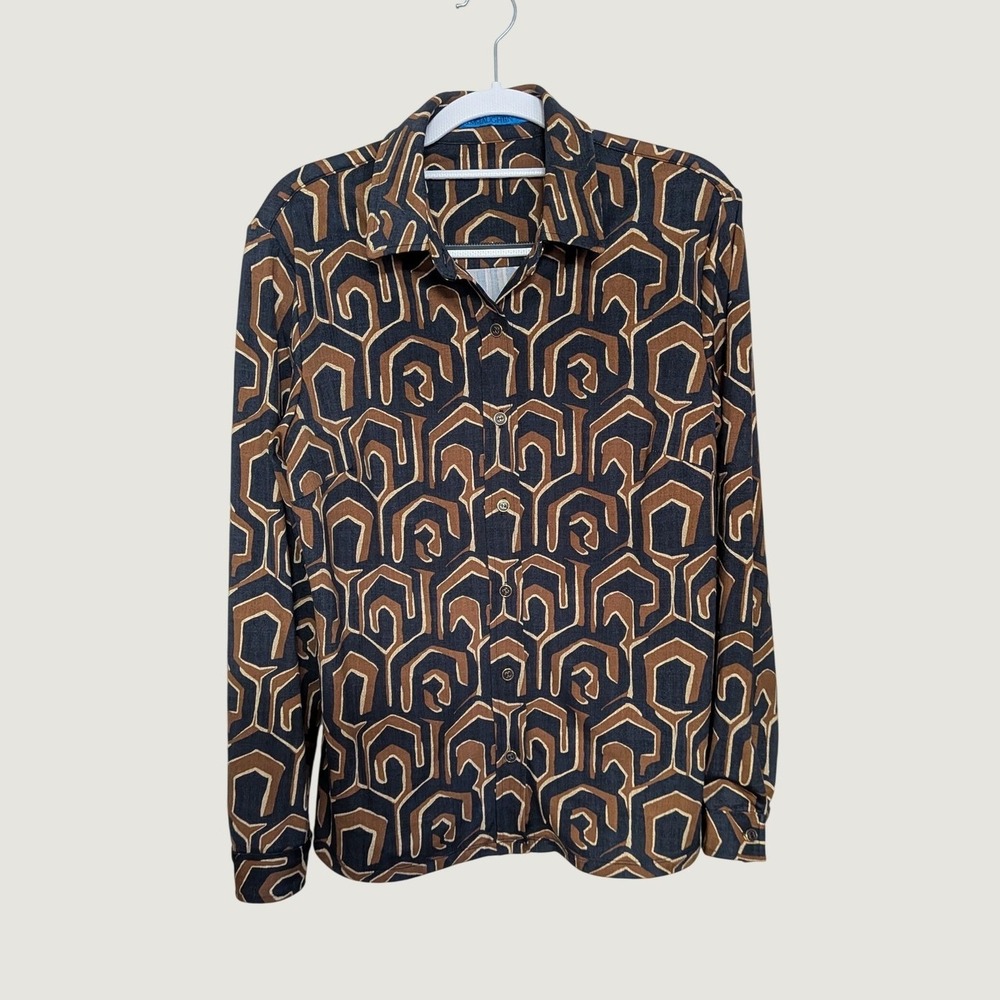 J.McLaughlin Abstract Geometric Print Office Button Down Shirt Navy Brown Medium